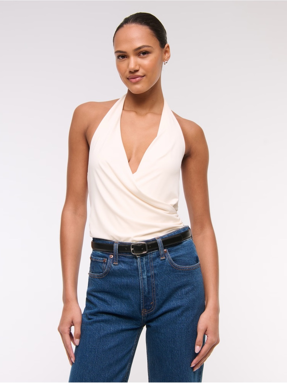 Abercrombie & Fitch Women’s Draped Plunge Cream Halter Wrap Bodysuit